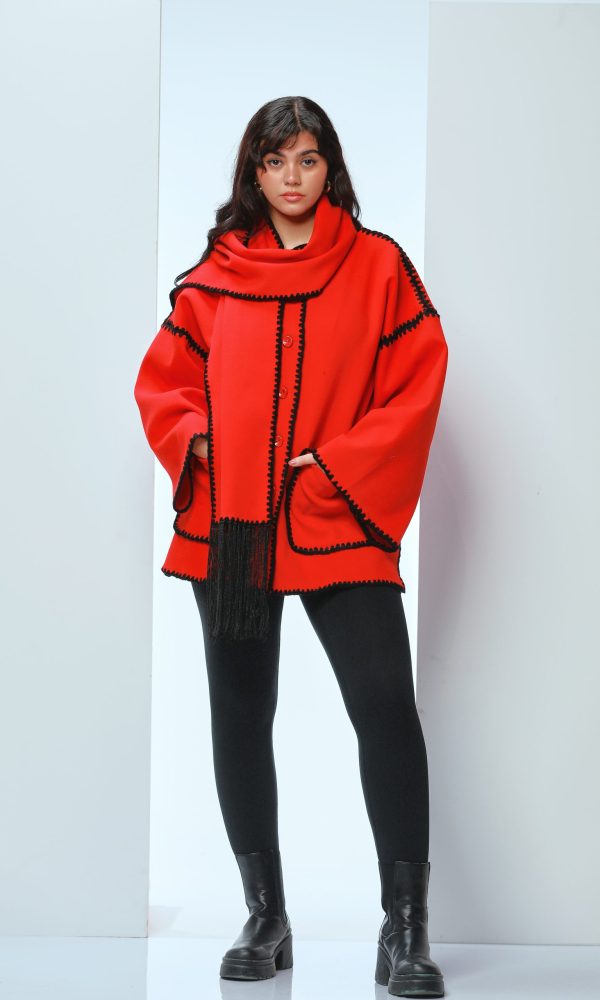 Crochet Embroidered Broadcloth Jacket - Red