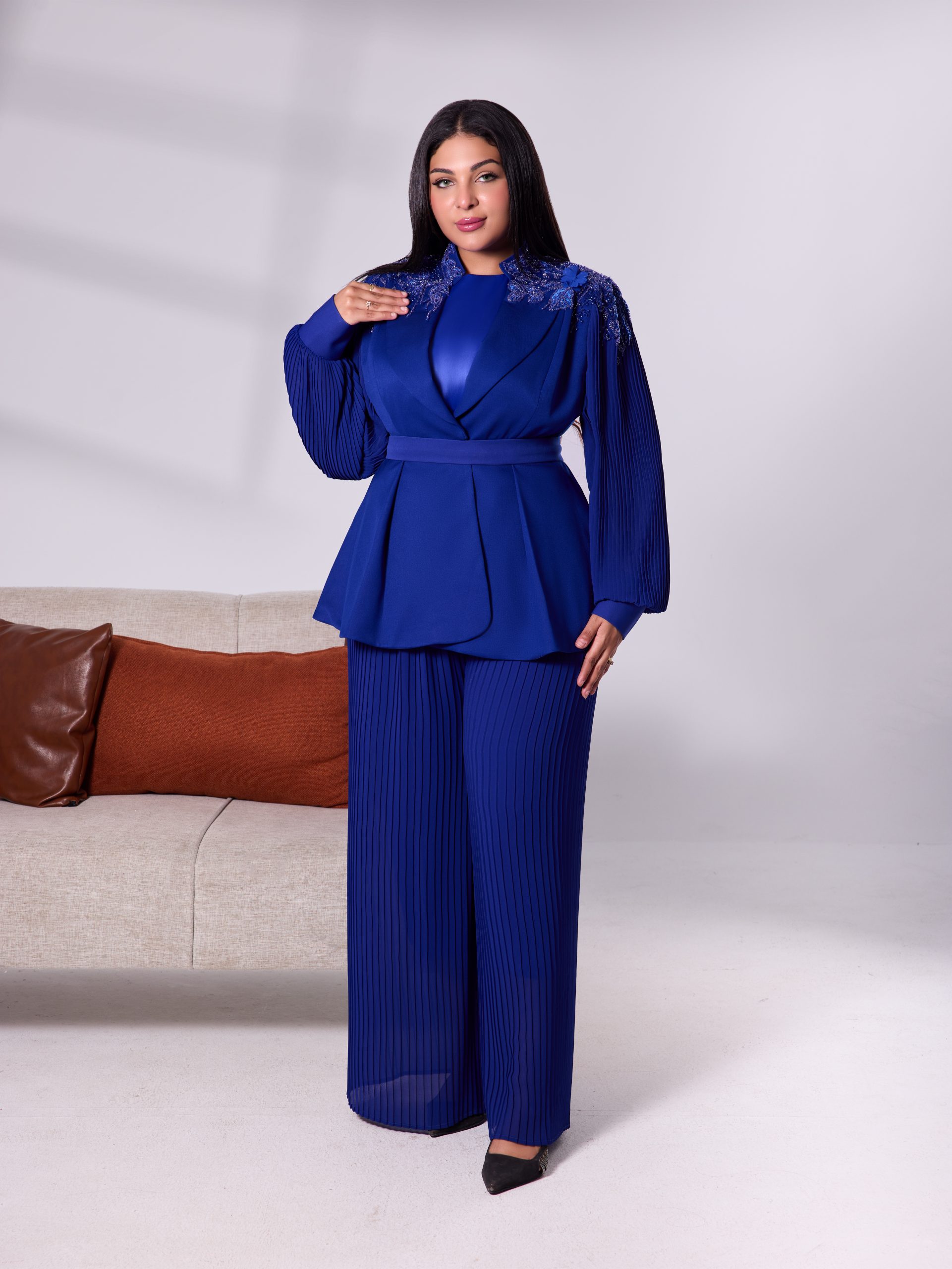 Embroidered Shoulder Royal Blue Suit - Image 3