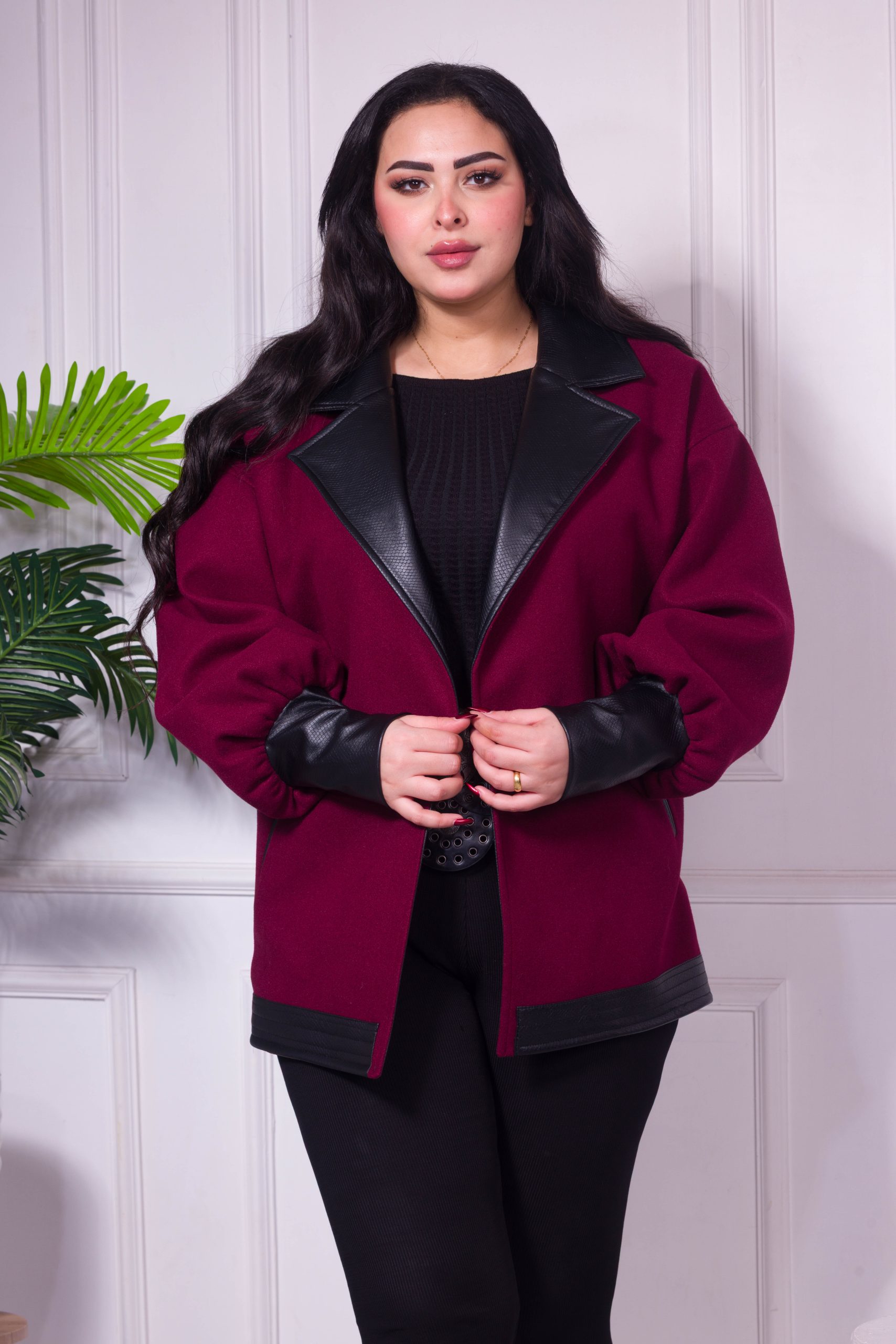 Oversized Jacket with Leather Cuffs - Burgundy