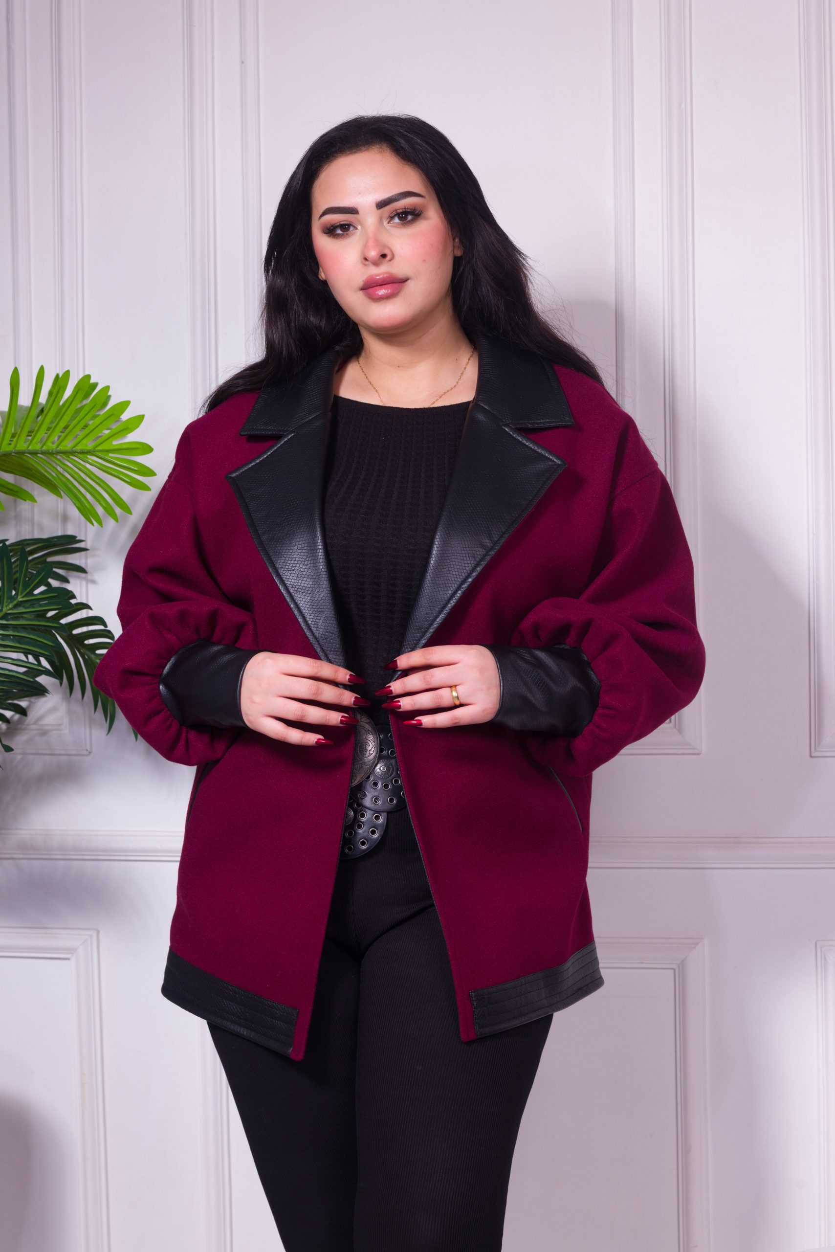 Oversized Jacket with Leather Cuffs - Burgundy - Image 3