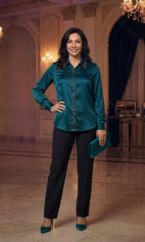 Emerald Rhinestone Trim Satin Shirt
