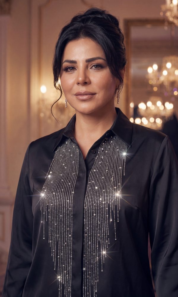 Rhinestone Waterfall Black Satin Blouse