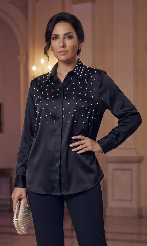 The Pearl-Embellished Black Satin Blouse