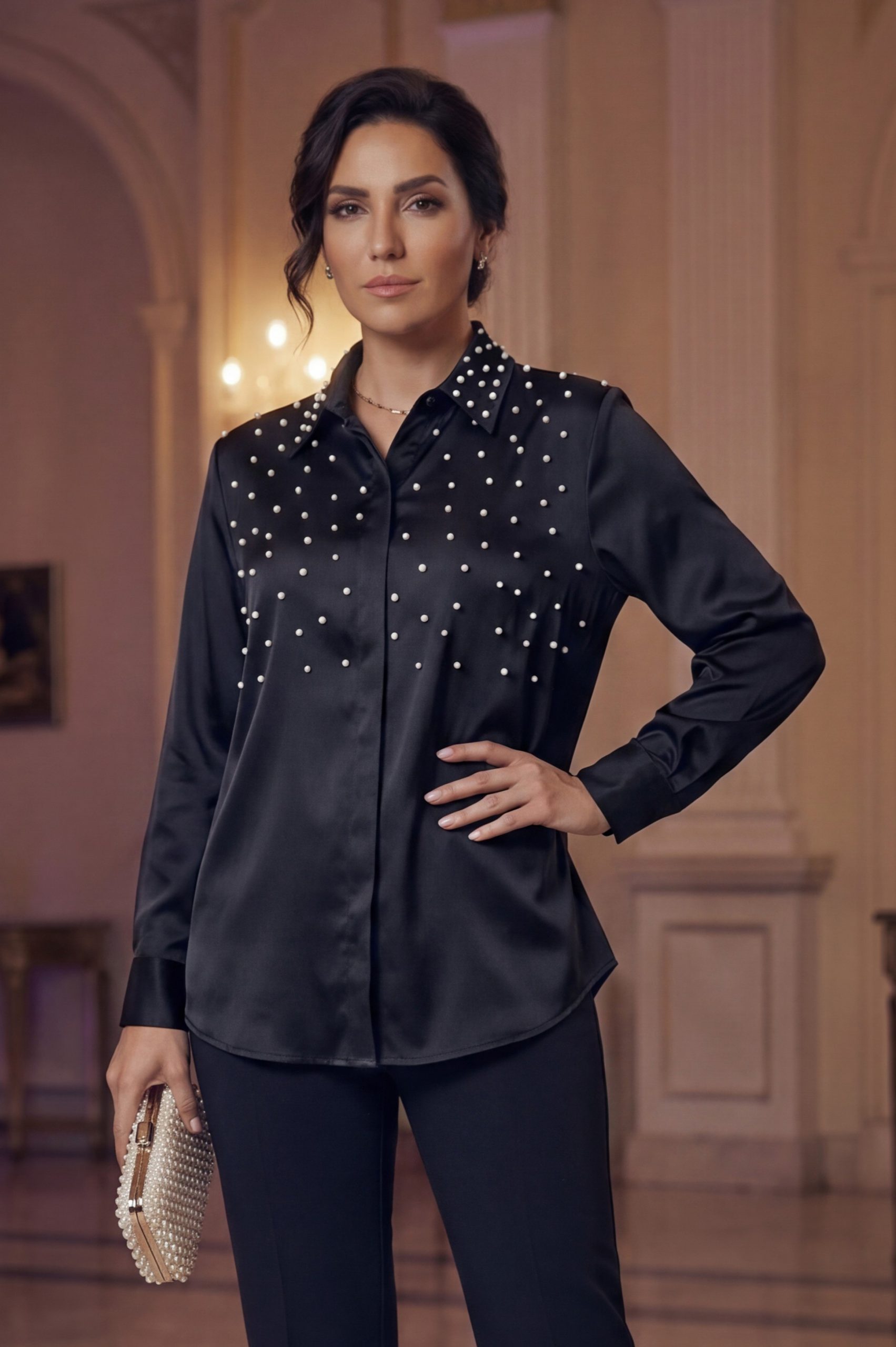 The Pearl-Embellished Black Satin Blouse