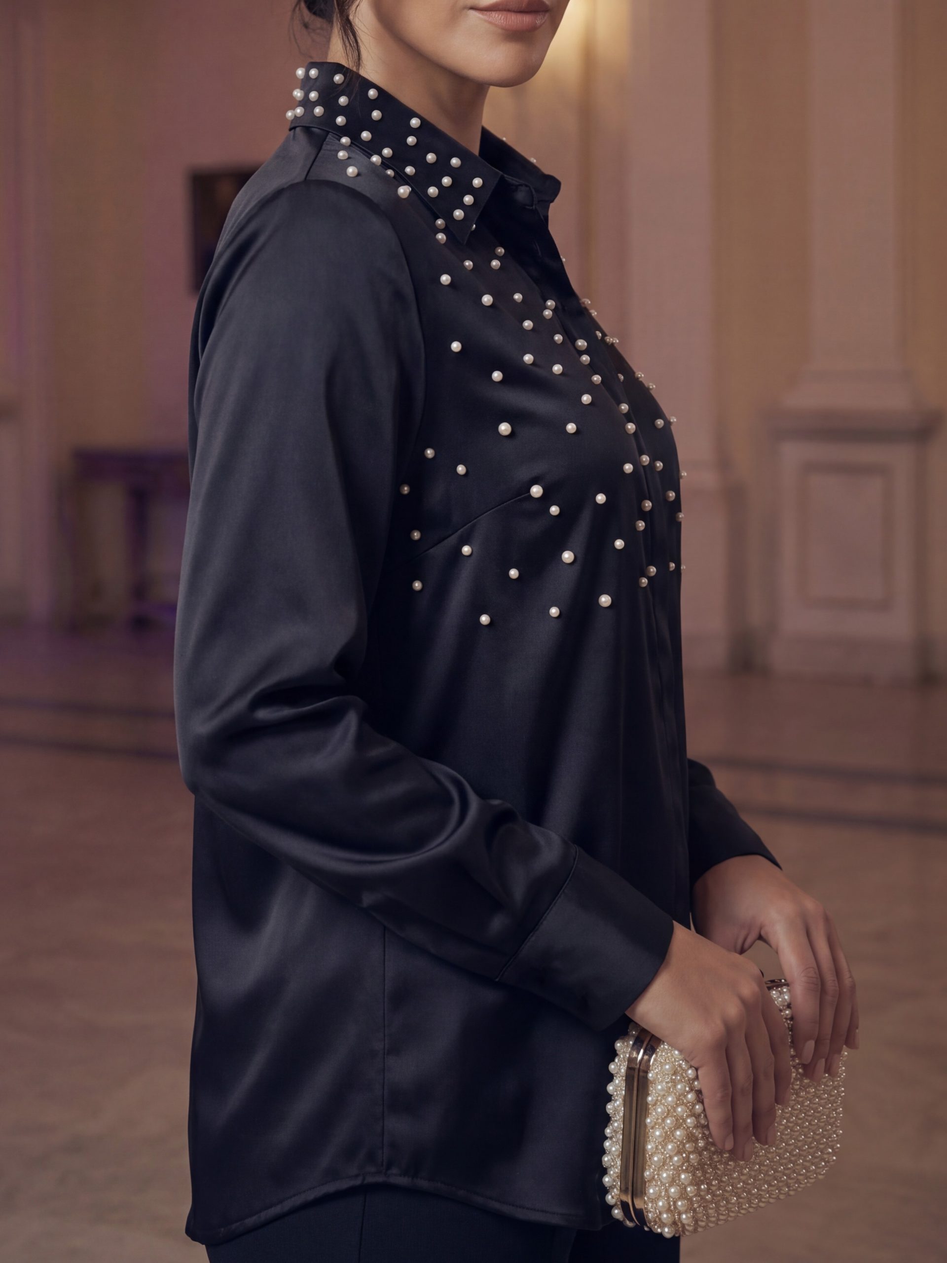 The Pearl-Embellished Black Satin Blouse - Image 2