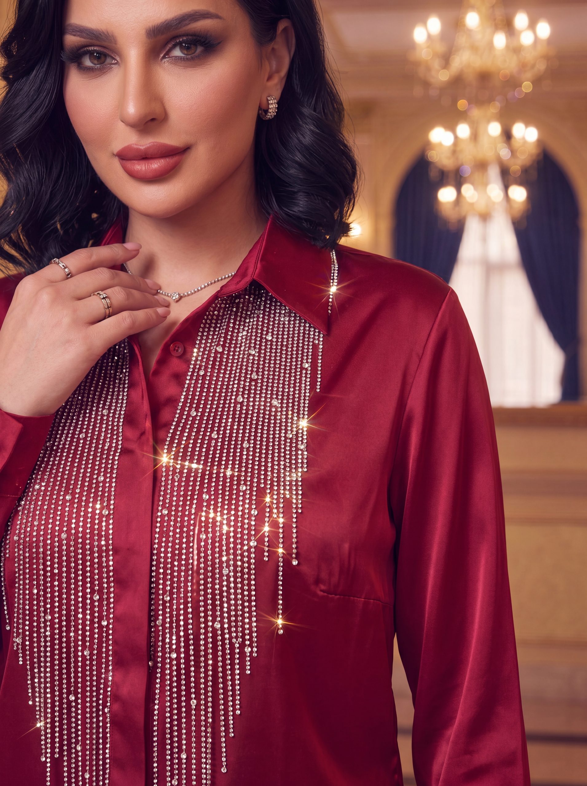 Rhinestone Waterfall Burgundy Blouse - Image 3
