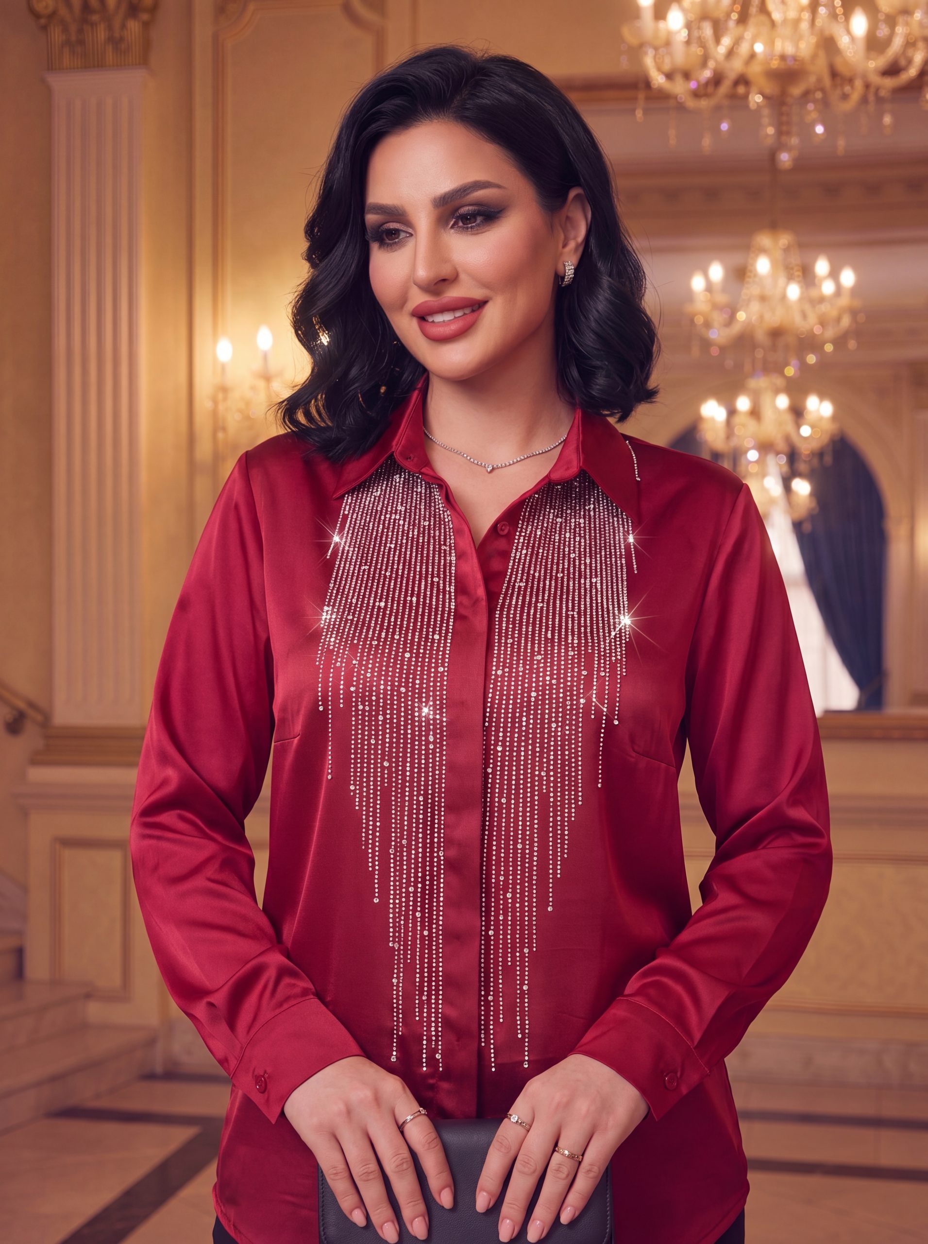 Rhinestone Waterfall Burgundy Blouse - Image 2