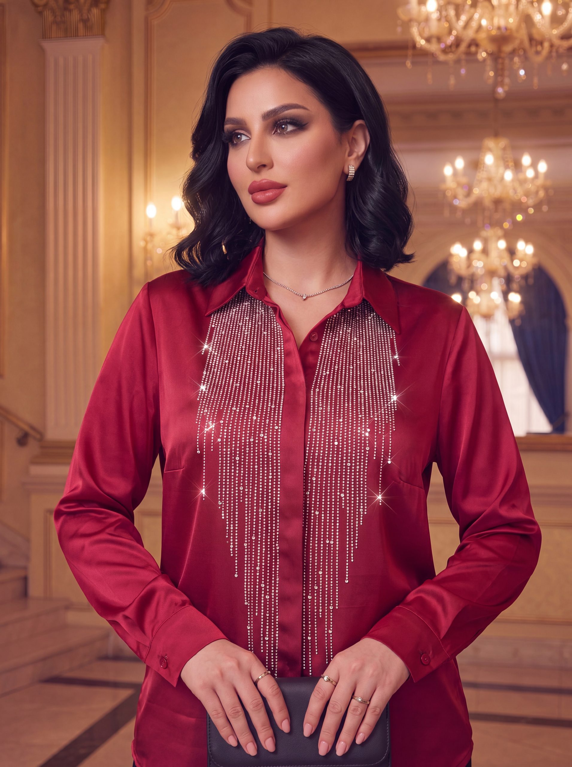 Rhinestone Waterfall Burgundy Blouse