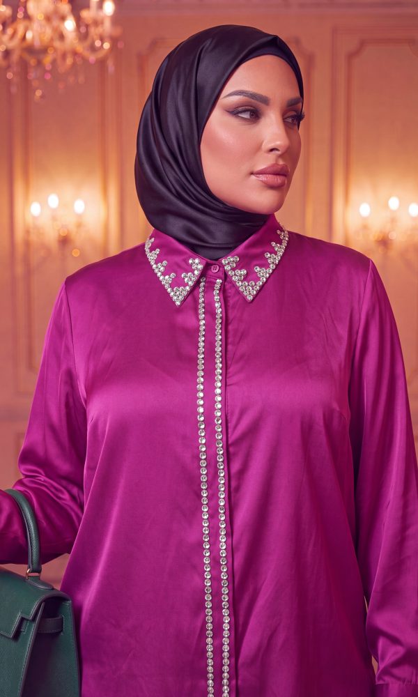 The Crystal-Embellished Magenta Satin Blouse