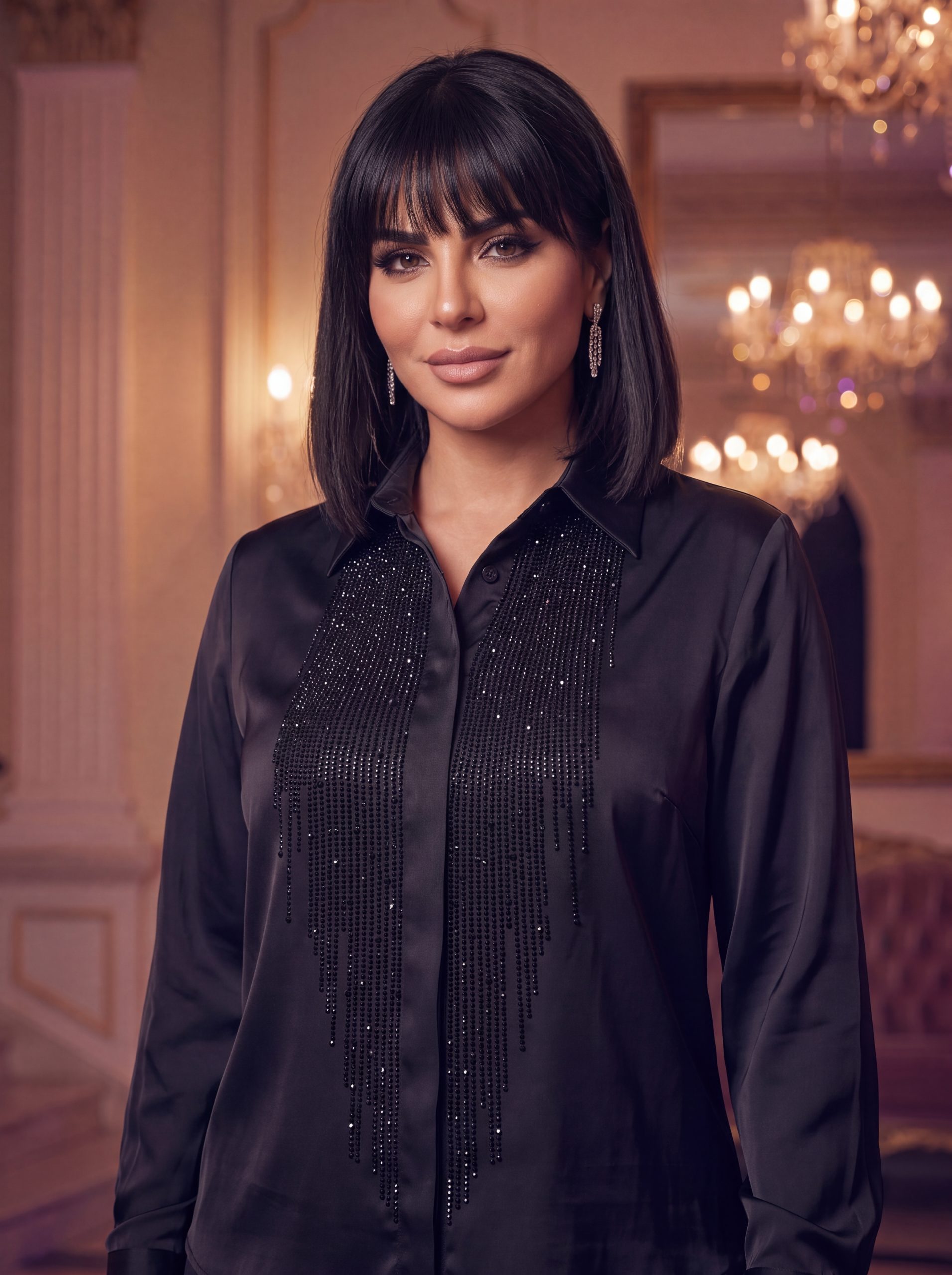 The Noir Cascading Crystal Black Satin Blouse