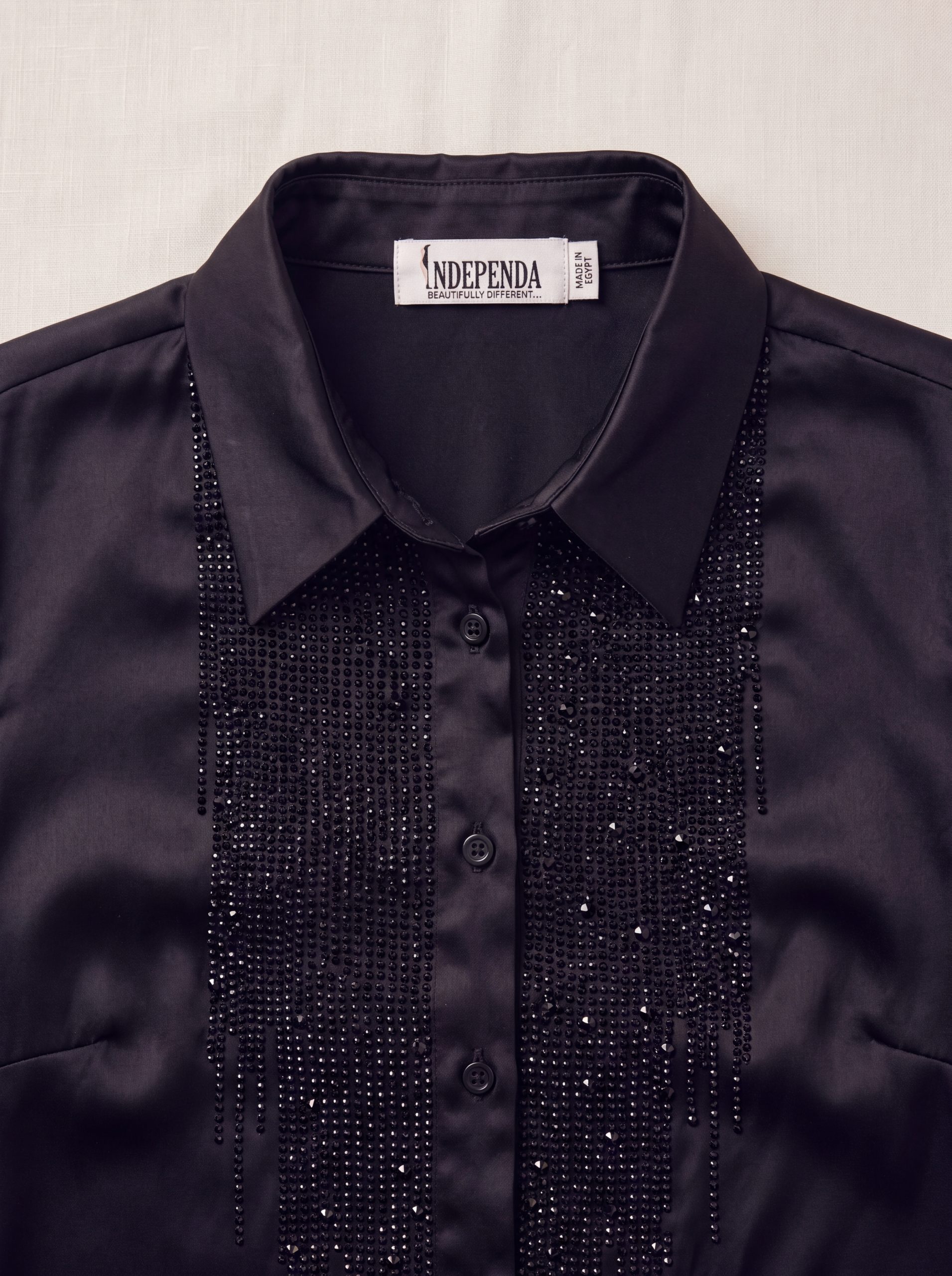 The Noir Cascading Crystal Black Satin Blouse - Image 3