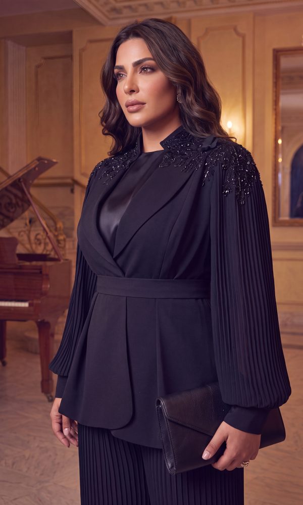 The Artisanal Obsidian Pleated Jacket and Top Set