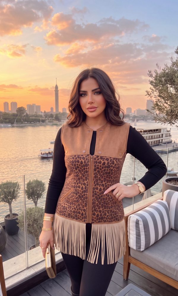 Mixed-Texture Leopard Vest with Suede and Fringe